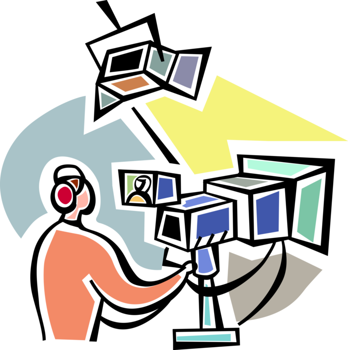 Vector Illustration of Television Broadcast Studio Cameraman Films TV Show with Camera