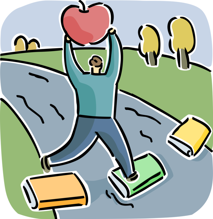 Vector Illustration of Academic Scholar Navigates Pathway to Higher Education with Apple Symbol of Knowledge and Learning