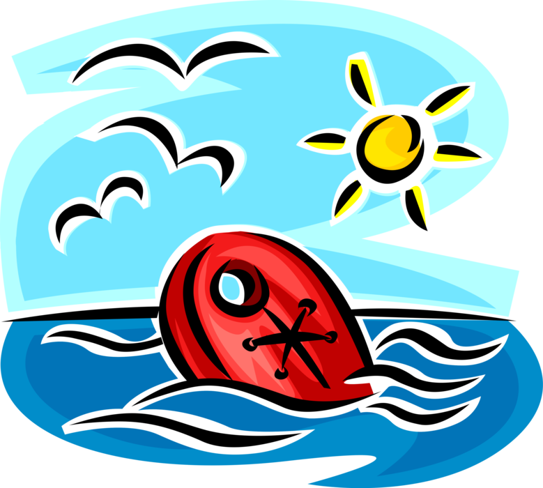 Vector Illustration of Life Vest Life Preserver Personal Flotation or Floatation Device Floating in Ocean Waves