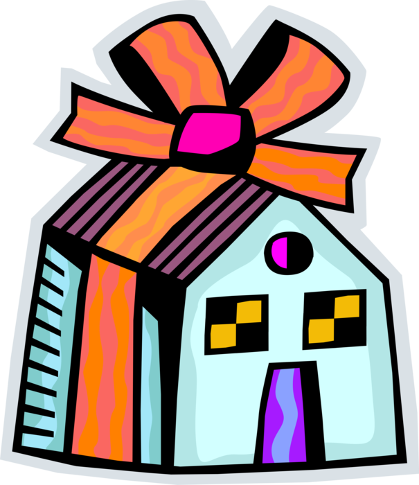 Vector Illustration of Homeowner New Home Mortgage Loans Residence House with Ribbon Bow