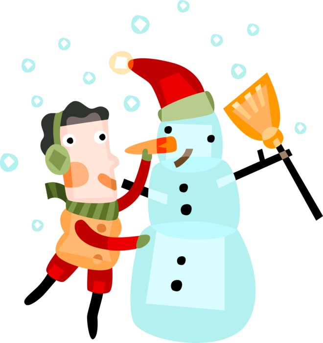 Vector Illustration of Child Builds Snowman Anthropomorphic Snow Sculpture with Carrot Nose in Snowstorm