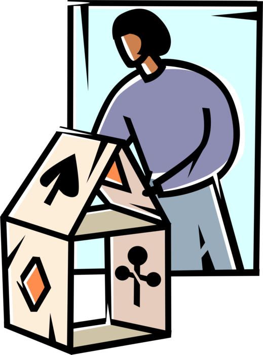 Vector Illustration of Businesswoman Builds Precariously Balanced Structure with Unstable House of Cards Playing Cards
