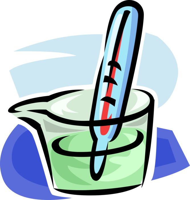 Vector Illustration of Thermometer Determines Temperature in Laboratory Beaker of Liquid