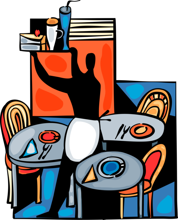 Vector Illustration of Restaurant or Café Waiter Serves Food and Beverages to Customer Tables