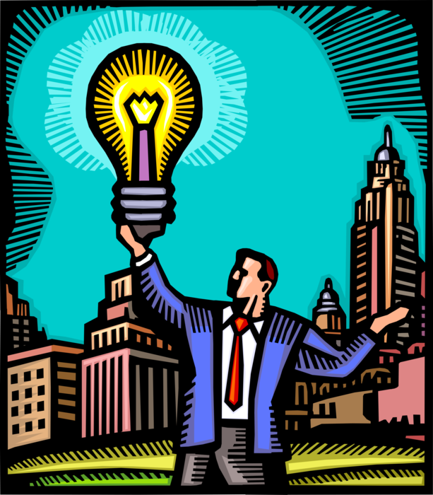 Vector Illustration of Businessman Innovator with Electric Light Bulb Symbol of Invention, Innovation, and Good Ideas