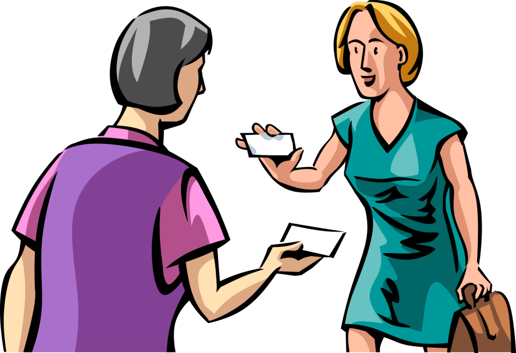 Vector Illustration of Businesswoman Presents Business Card Introduction to Prospective Client Customer