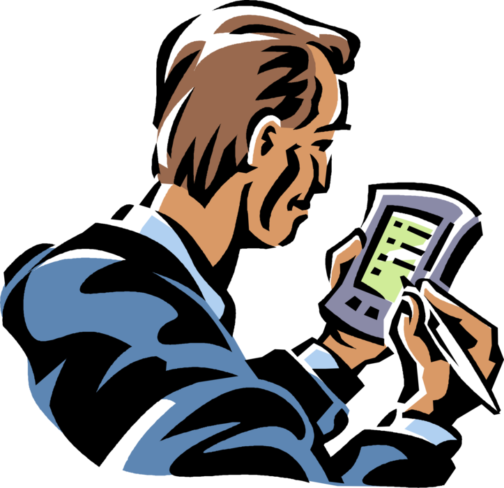 Vector Illustration of Businessman Uses Mobile Telephone Phone with Stylus Pen