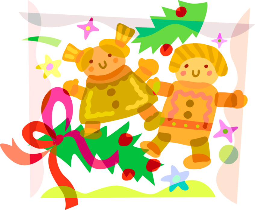 Vector Illustration of Holiday Season Christmas Baking Gingerbread Man Cookies with Holly and Ribbon Bows