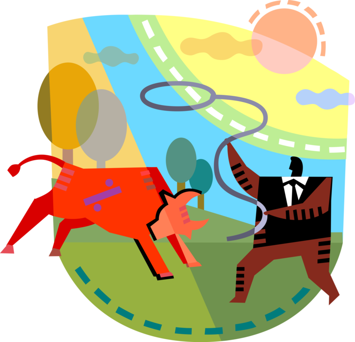 Vector Illustration of Businessman Lassos Running Bull Market Wall Street Investment Bull with Lariat Rope