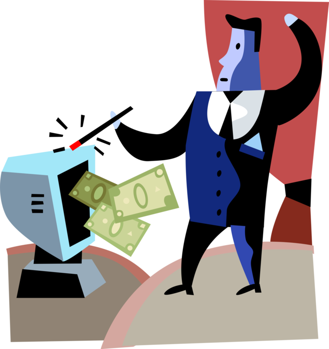 Vector Illustration of Businessman Financial Wizard Creates Corporate Profit Cash Money Dollars with Magic Wand
