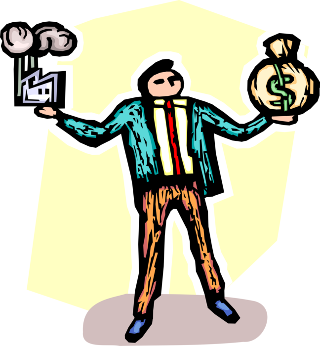 Vector Illustration of Businessman Manager Weighs Industrial Manufacturing Factory and Expense Costs Bag of Money