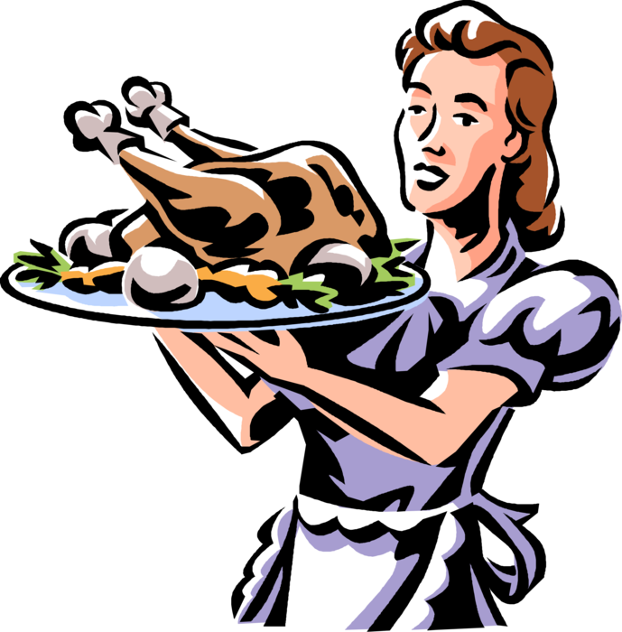 Vector Illustration of Mother Serves Christmas or Thanksgiving Fowl Roast Chicken or Turkey Dinner