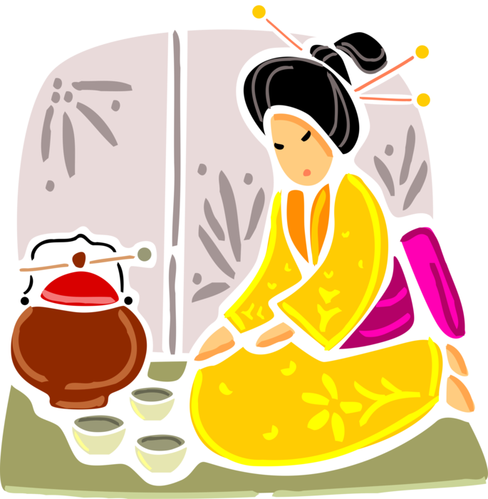 Vector Illustration of Japanese Way of the Tea Ceremony Geisha Girl Prepares Match Powdered Green Tea