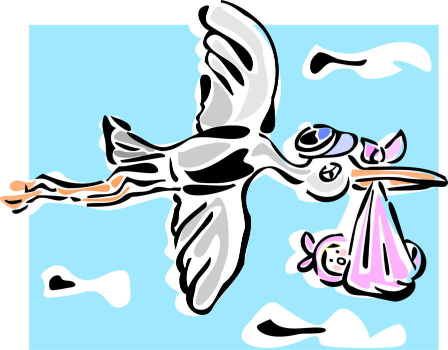 Vector Illustration of Stork Bird Delivers Newborn Infant Baby