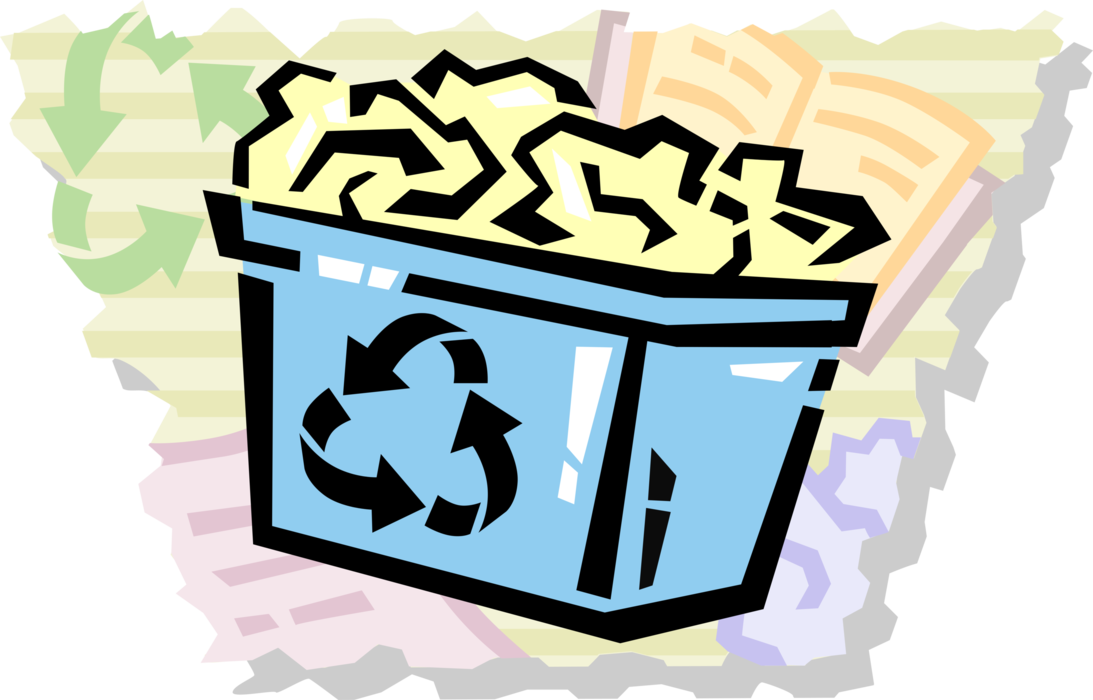 Vector Illustration of Recycling Process Converts Waste into Reusable Objects with International Recycle Logo