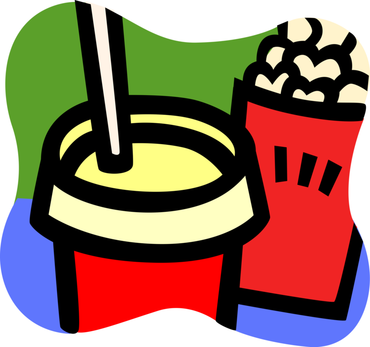 Vector Illustration of Soda Pop Soft Drink Refreshment in Cup with Theatre or Theater Snack Bag of Popcorn