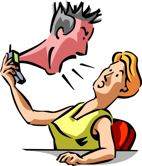 Vector Illustration of Customer Support Rep Deals with Screaming, Pissed Off Customer on Mobile Smartphone Phone