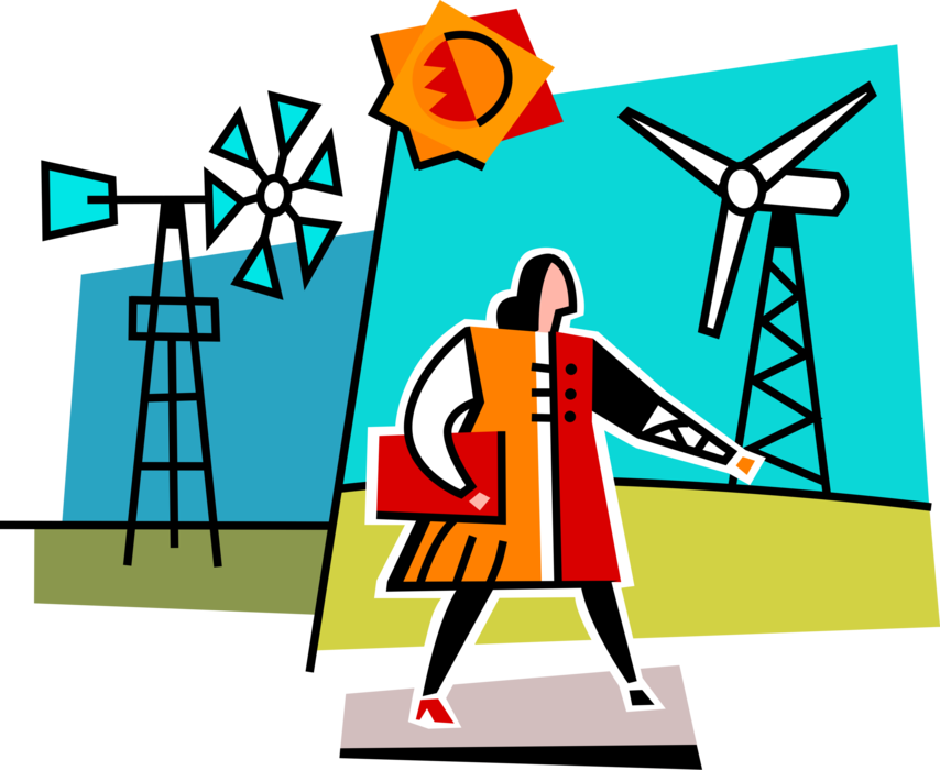 Vector Illustration of Renewable Alternative Energy Wind Engine Windmill and Wind Turbine Generate Power