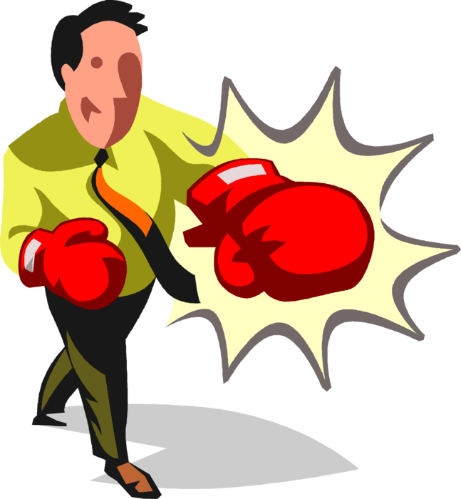 Vector Illustration of Combative Businessman Boxer with Boxing Gloves Ready for Fisticuff Fight Knockout Punch