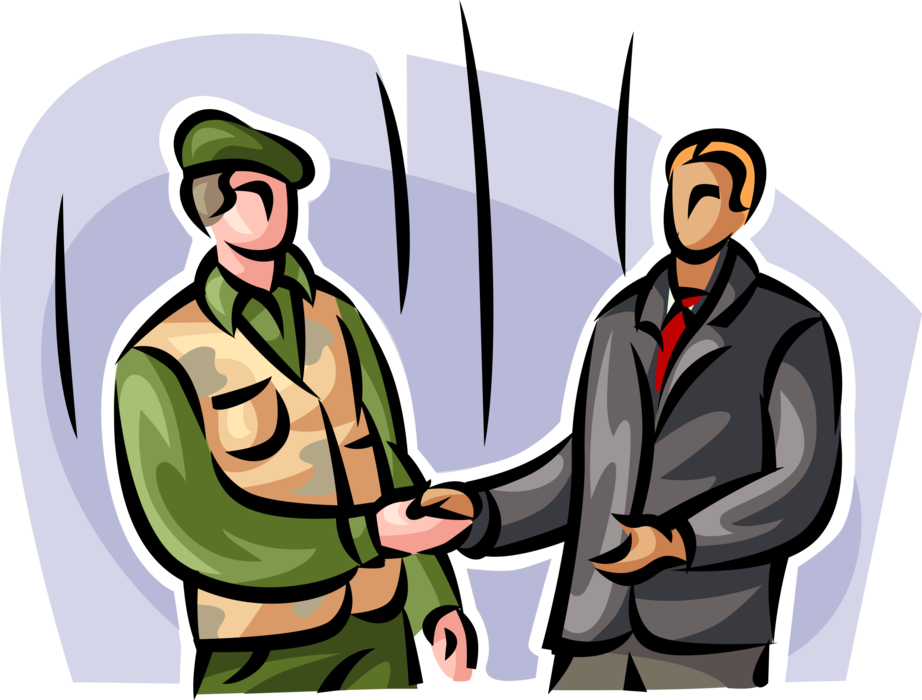 Vector Illustration of United States Military Soldier Shakes Hands with Civilian