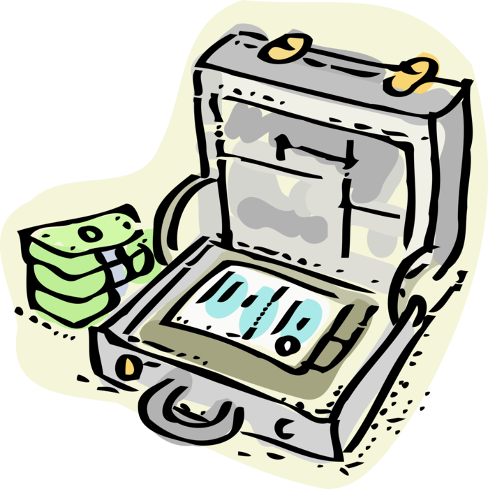 Vector Illustration of Briefcase Attaché Case with Stocks and Bonds Investment Documents and Cash Money Dollars