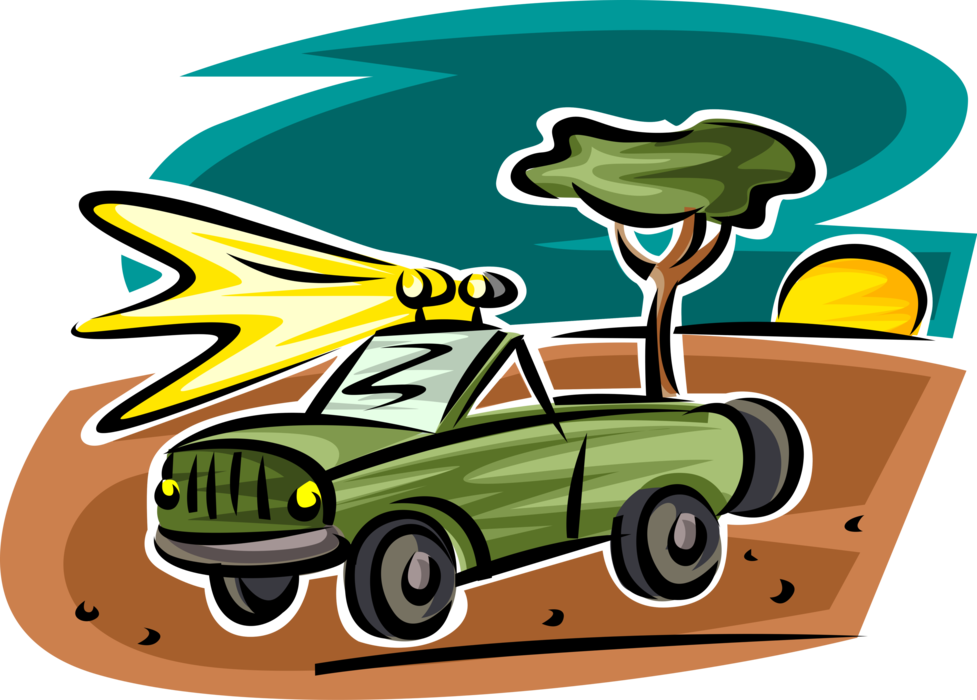 Vector Illustration of African Safari Jeep Vehicle with Search Light at Night on Savanna in Africa