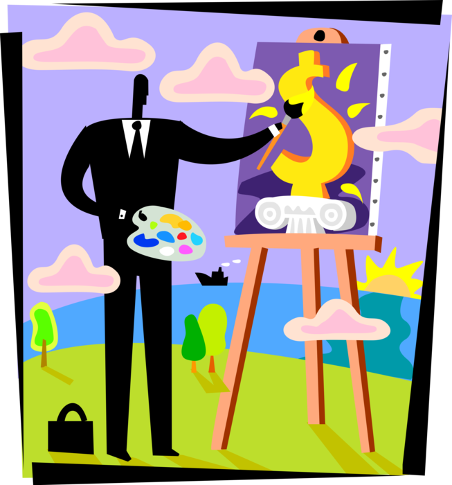 Vector Illustration of Businessman Artist Paints Optimistic Financial Forecast Painting Portrait of Dollar Money Sign