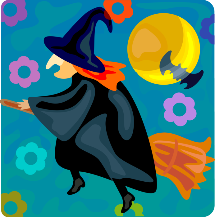 Vector Illustration of Halloween Sorceress Witch Flying on Broomstick Broom with Vampire Bat and Full Moon