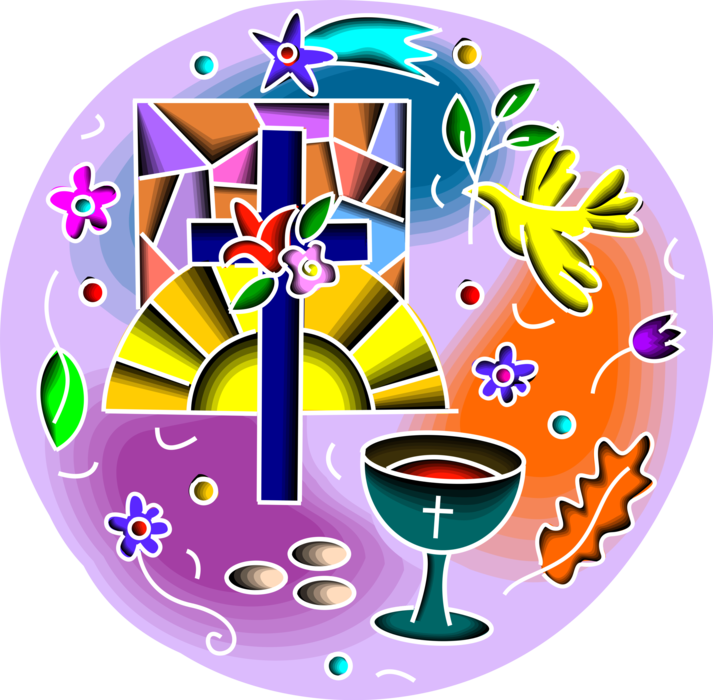 Vector Illustration of Christian Religious Easter Ceremony with Crucifix Cross, Dove Bird of Peace with Olive Branch, Chalice Cup
