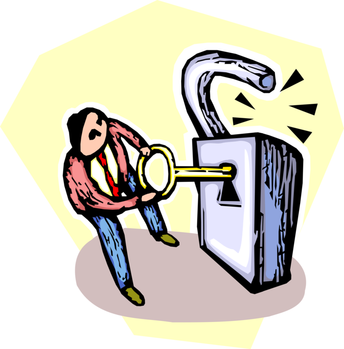Vector Illustration of Businessman Unlocking Padlock Lock with Security Key
