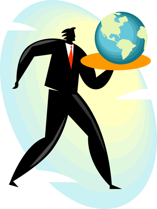 Vector Illustration of Businessman Waiter with Serving Tray Serves World Planet Earth