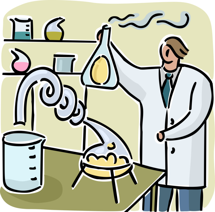 Vector Illustration of Chemical Industry Laboratory Mixing Chemistry Compounds with Science Glassware Flask and Bunsen Burner