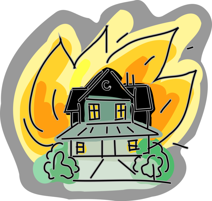 Vector Illustration of Burning Family Home Residence Calamity House on Fire in Flames