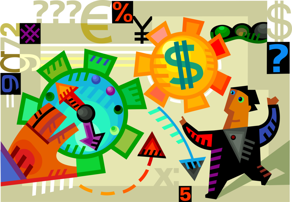 Vector Illustration of Businessman Manages Time and Money to Maximize Financial Revenue Earnings with Cogwheel Gear Mechanism