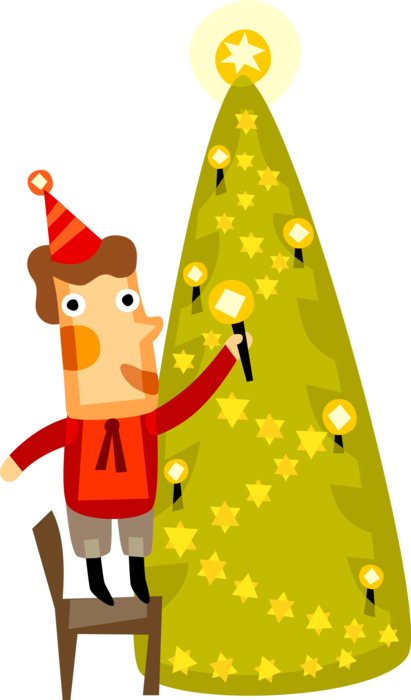 Vector Illustration of Standing on Chair to Place Candle Decorations on Christmas Tree
