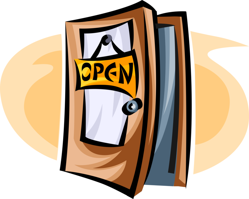 Vector Illustration of Retail Store Open for Business Sign on Entrance Door