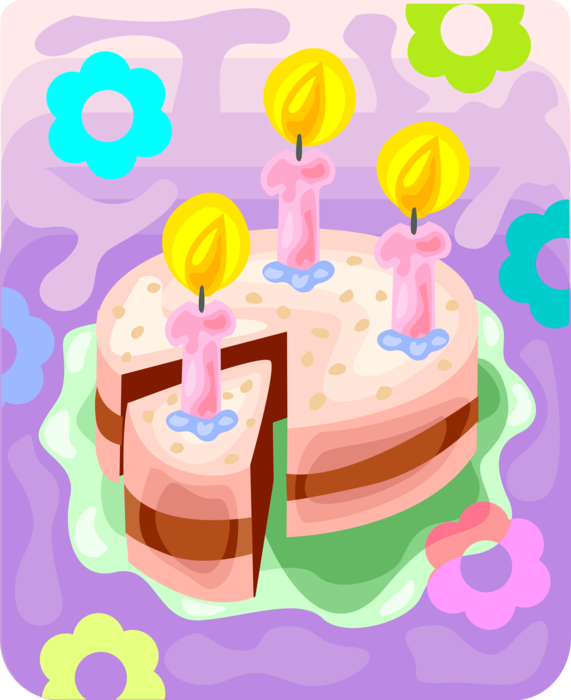 Vector Illustration of Sweet Dessert Birthday Cake with Candles and Slice