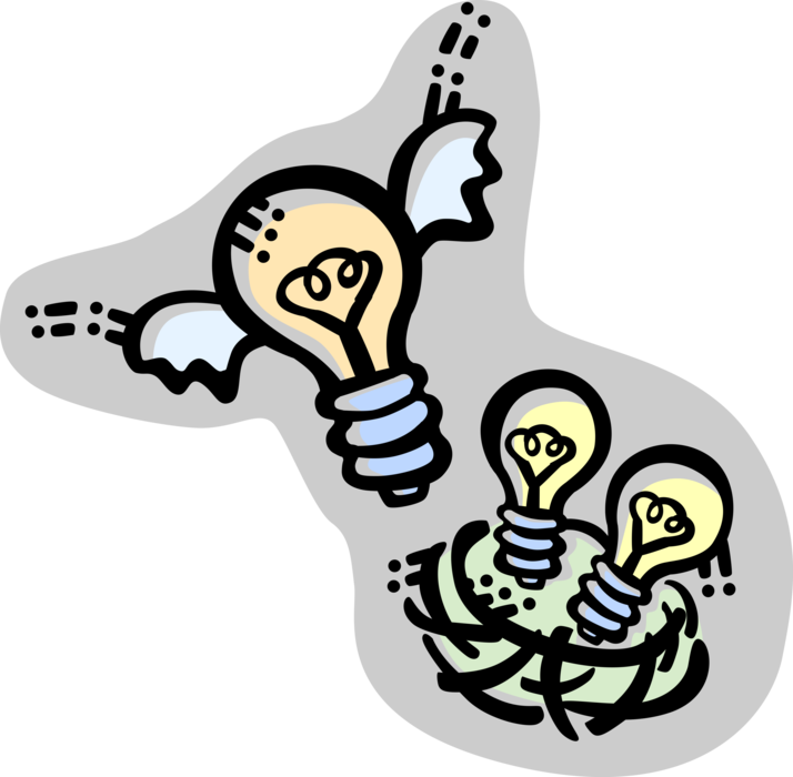 Vector Illustration of Electric Light Bulb Symbols of Innovation, Invention and Good Ideas Take Flight with Wings