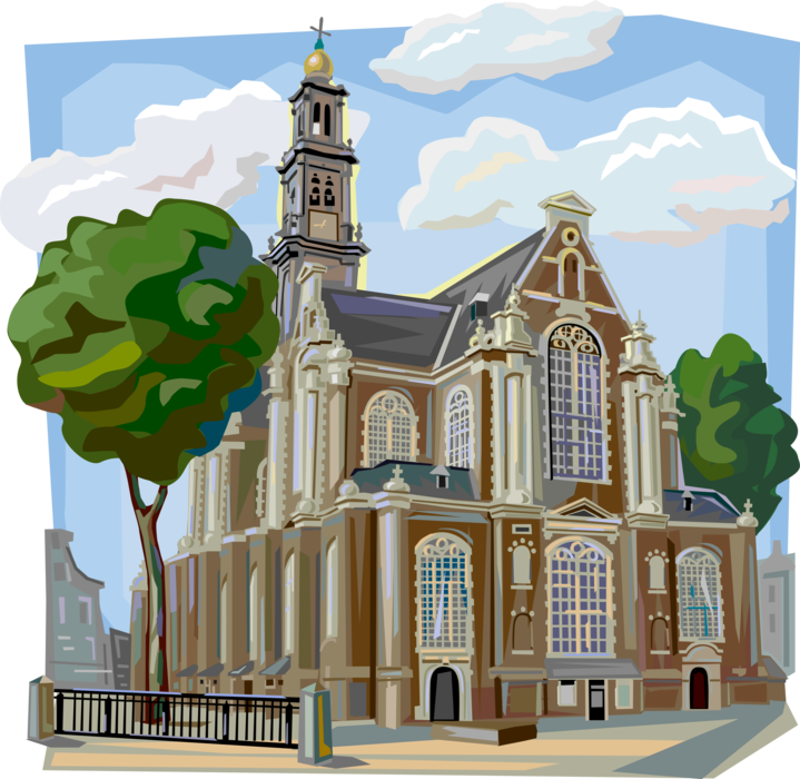 Vector Illustration of Amsterdam Western Church Westerkerk, Holland, The Netherlands