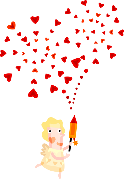 Vector Illustration of Cupid God of Desire and Erotic Love Fires Romance Rocket Fireworks with Love Hearts