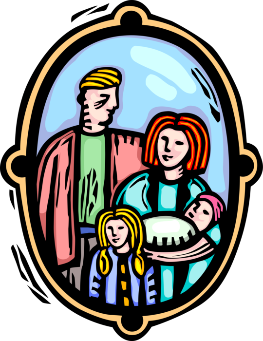 Vector Illustration of Father, Mother and Children Family Photo Portrait Picture in Frame