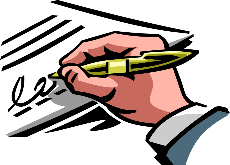 Vector Illustration of Hand Signs Signature Name on Business Document with Pen Writing Instrument