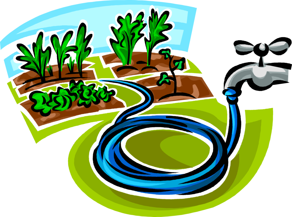 Vector Illustration of Gardening Water Hose Watering Garden Plants