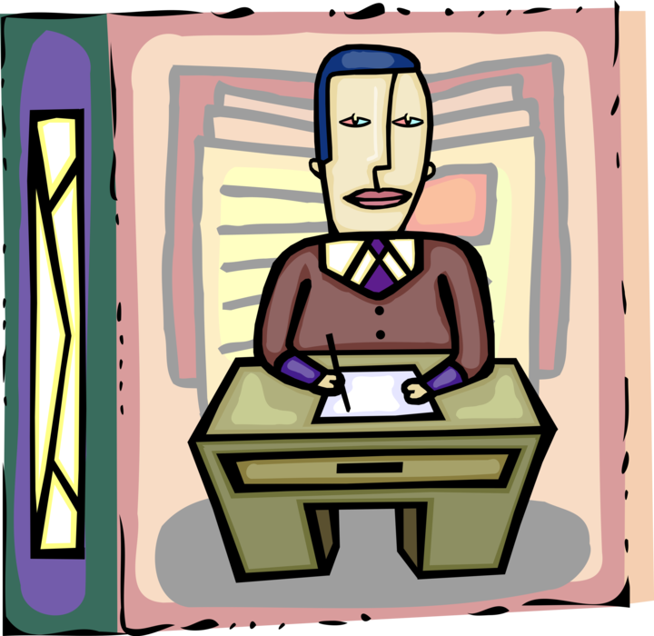 Vector Illustration of Businessman Works with Paperwork at Office Desk