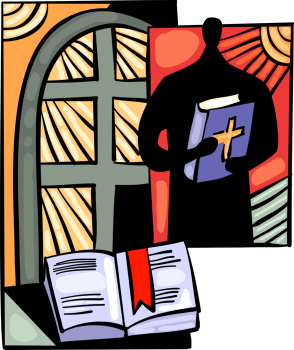 Vector Illustration of Religious Minister Cleric Priest with Christian Holy Book Bible in House of Worship Church