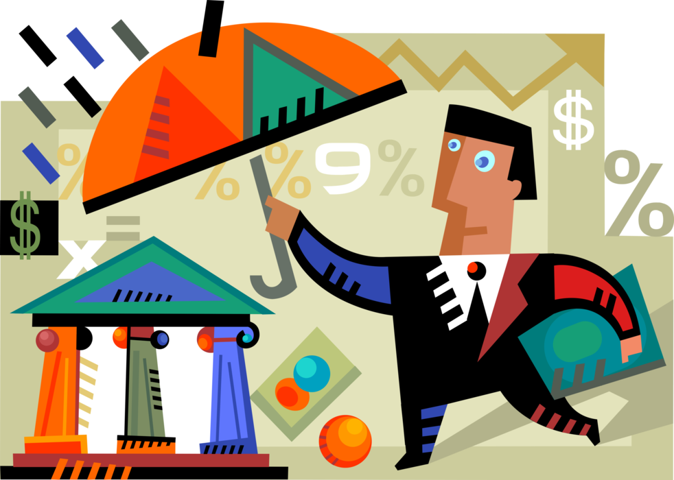 Vector Illustration of Businessman Protects Investment Income Money in Bank Savings with Umbrella 