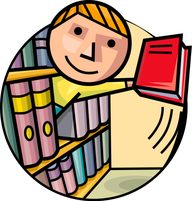 Vector Illustration of Academic Student Scholar in School Library with Book to Read