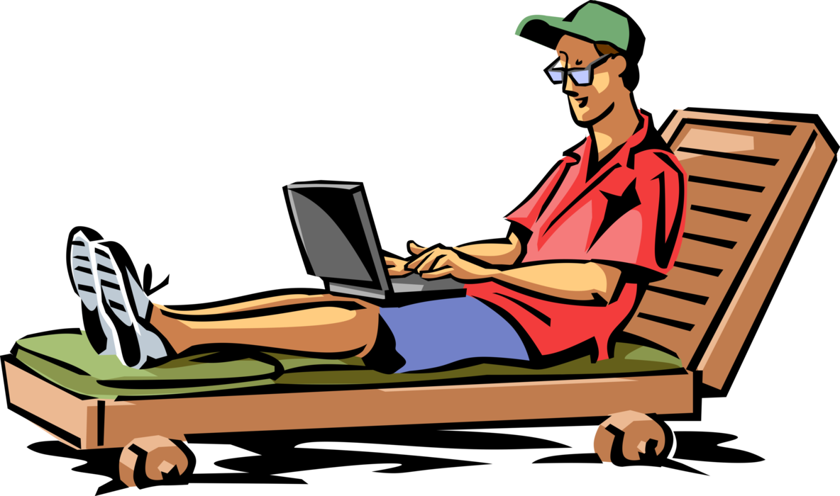 Vector Illustration of Holiday Vacation Relaxing in Beach Chair Responding to Emails with Laptop Computer