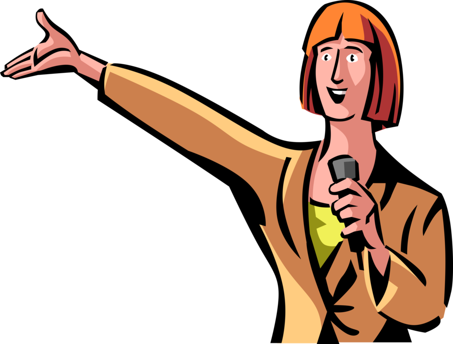 Vector Illustration of Businesswoman Delivers Sales and Marketing Presentation with Microphone to Audience