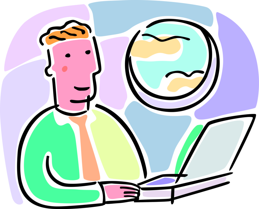 Vector Illustration of Business Traveler Works with Computer in Flight on Airline Jet Airplane Aircraft
